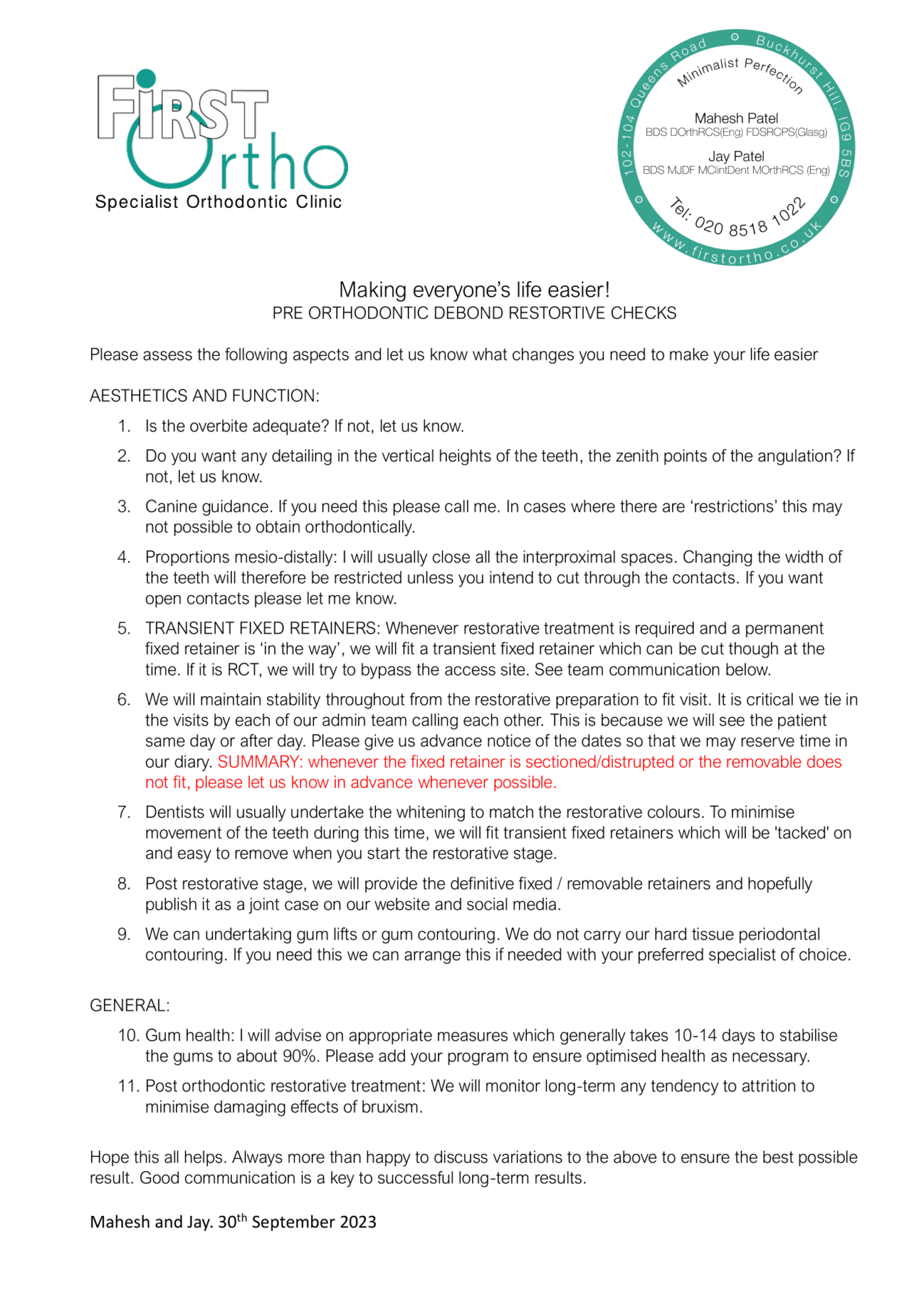 Checklist First Ortho